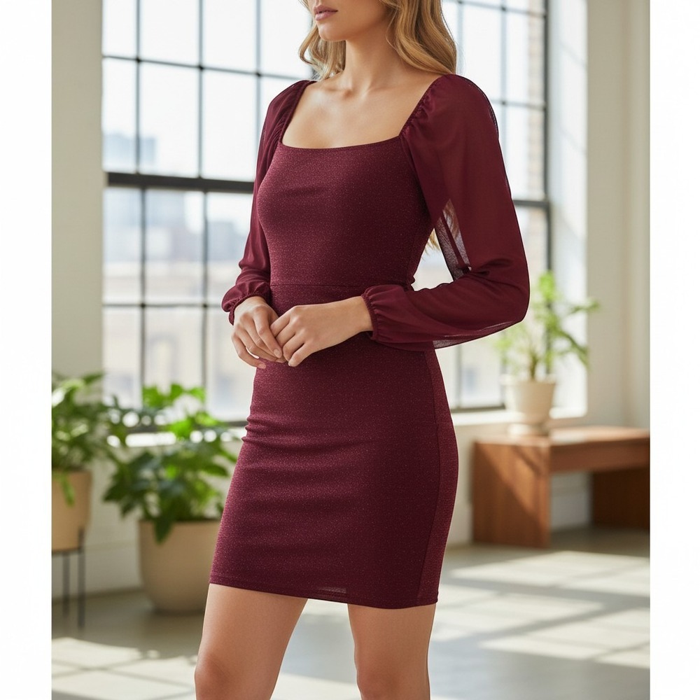 Jump Apparel Mini Dress Women S Wine New Shimmer Mesh Long‎ Sleeve Square Neck